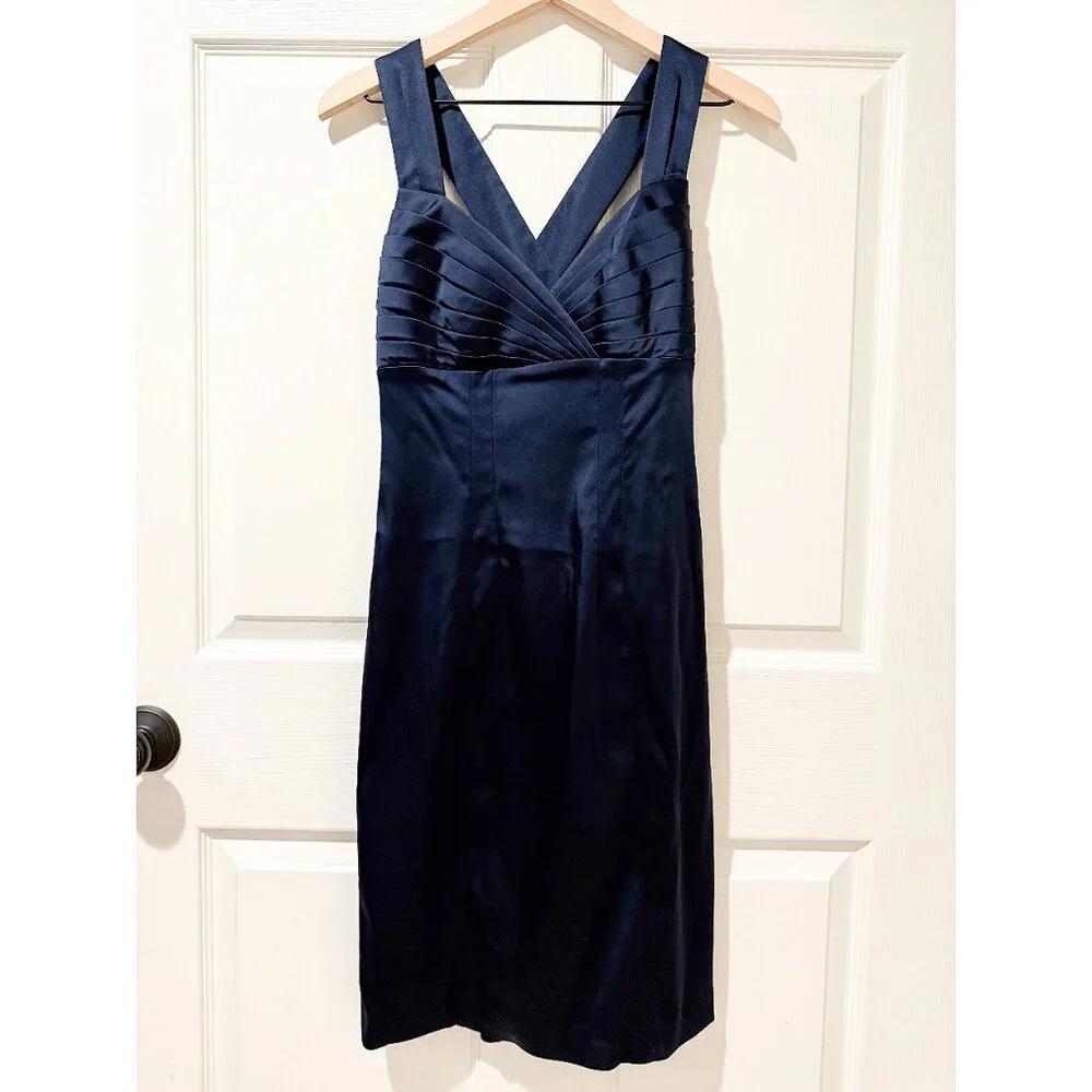 Calvin Klein Navy Blue Satin Scalloped‎ Sweetheart Cross Strap Cocktail Dress 4